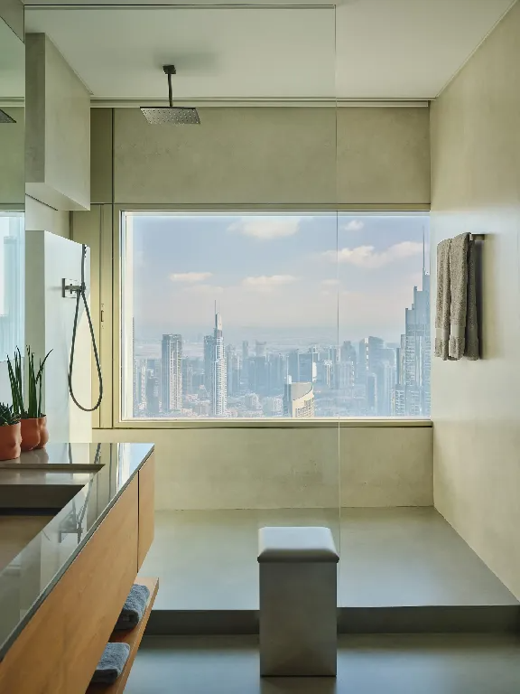 The Art of Minimalist Luxury: Inside a Dubai Penthouse Inspired by Nature , shower with the view