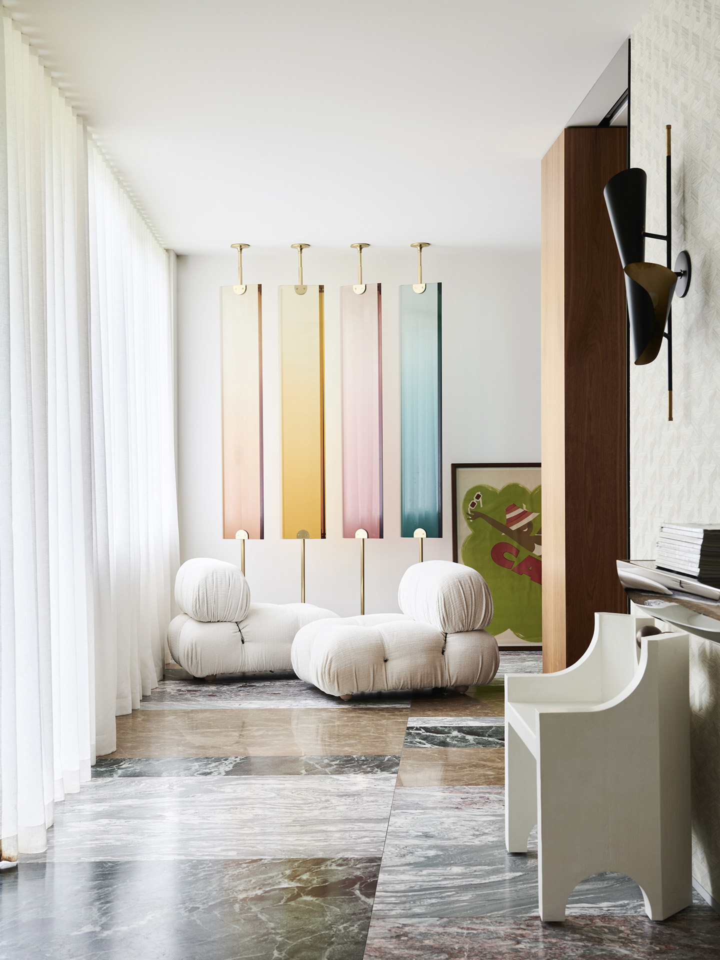 neutral entryway with pops  of candy colors
