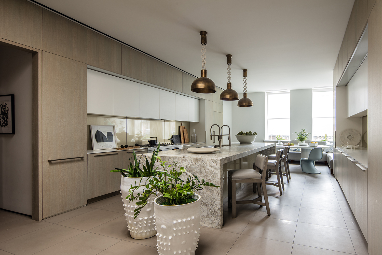 A kitchen with a spacious island and a potted plant, creating a vibrant and functional space.
