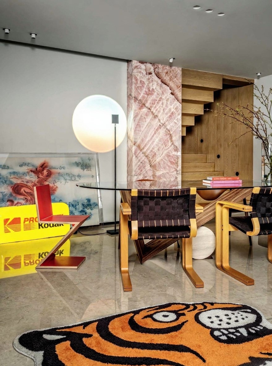 Eclectic Modern Interior Design for Family Living, guests room with unique carpet, handmade furniture