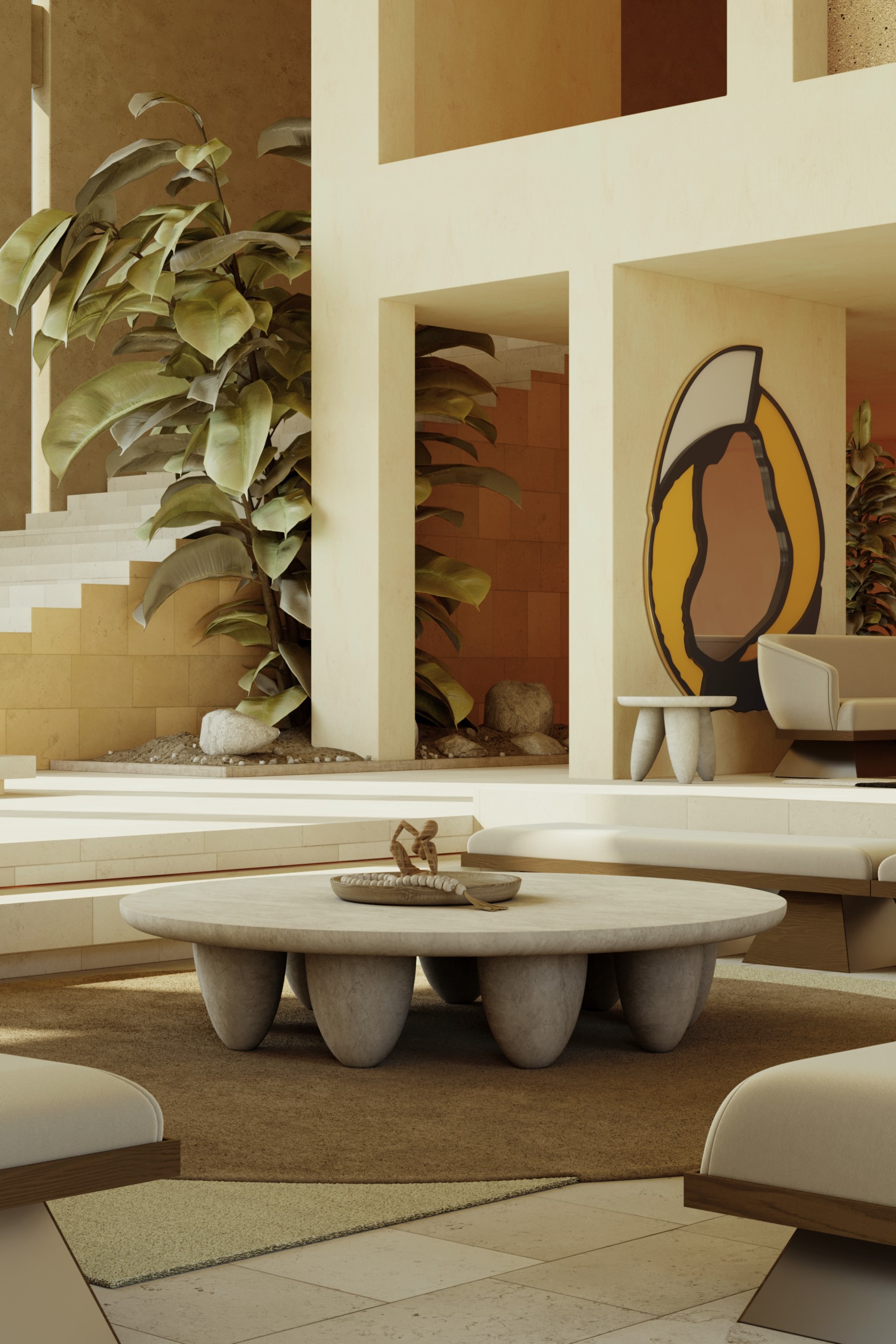Minimalism Home Decor: 3 Key Ideas to Create Warm, Livable Spaces, living area with stone center table, unique rug and design furniture
