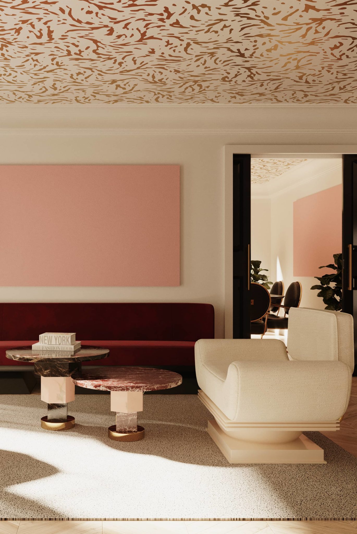 2023 pantone color of the year: minimal living room with a red sofa