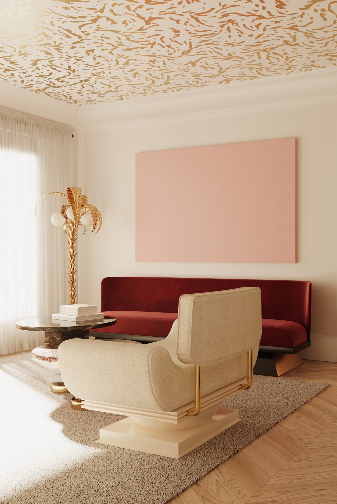 living room with white armchair and red sofa