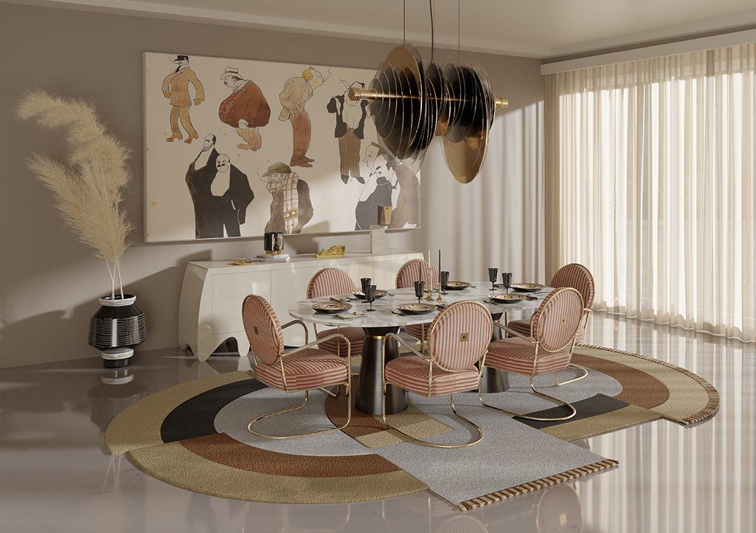 modern dining room in neutral colors with baby pink dining chairs art deco style
