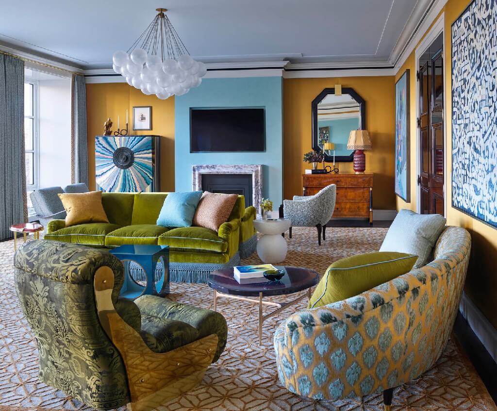 maximalist living room with blue and green tones