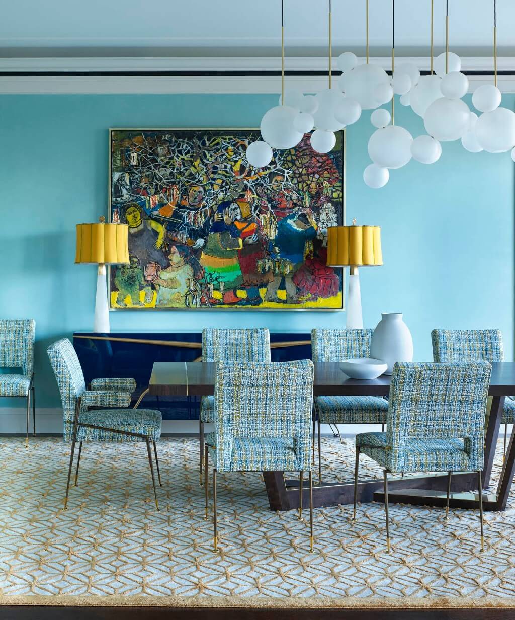 maximalist dining room with blue tones
