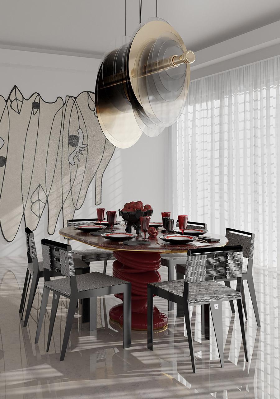white dining room with red dining table, black and white dining chairs, and irregular wall rug