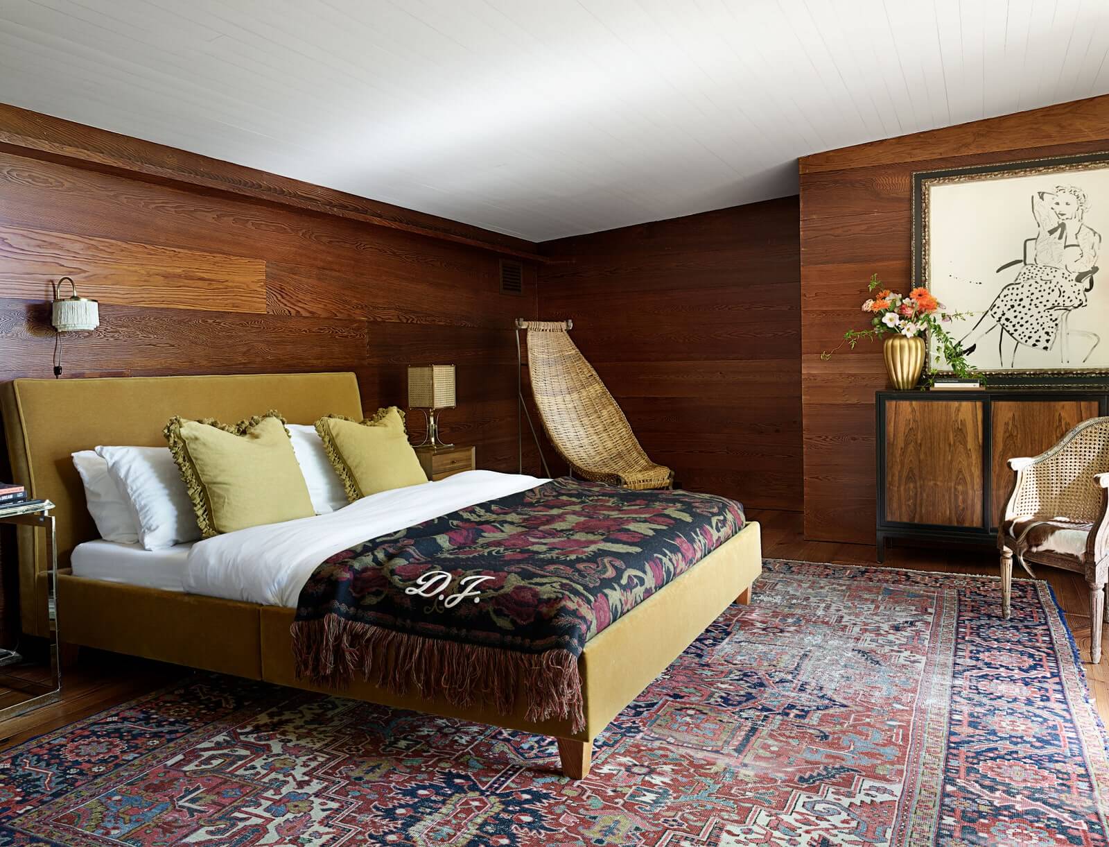 Dakota Johnson’s bedroom featuring a beautiful moroccan rug