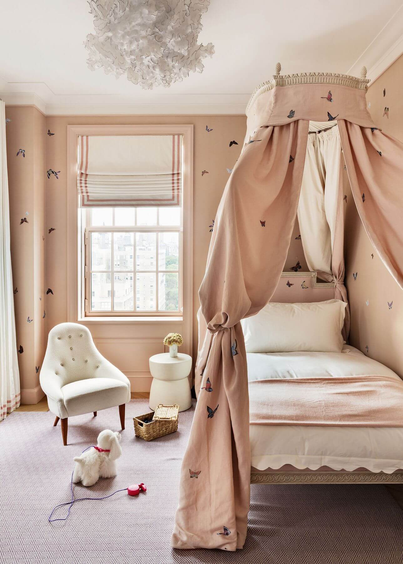 neutral bedroom in pink hues