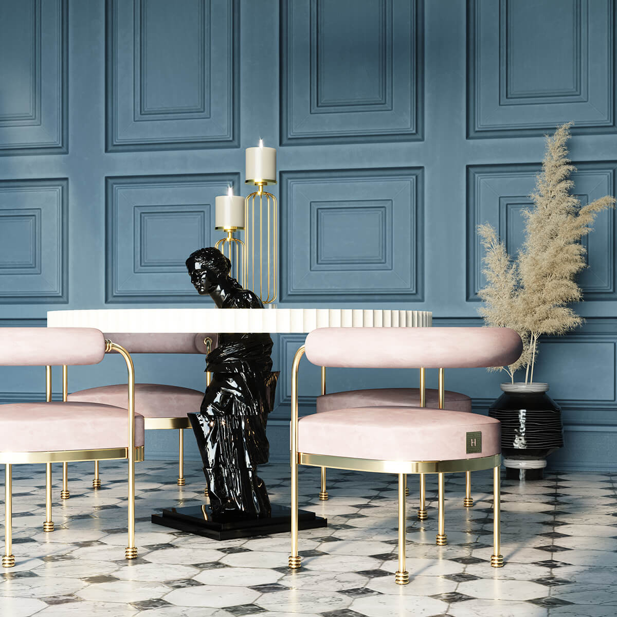 stunning dining table and  pink chairs