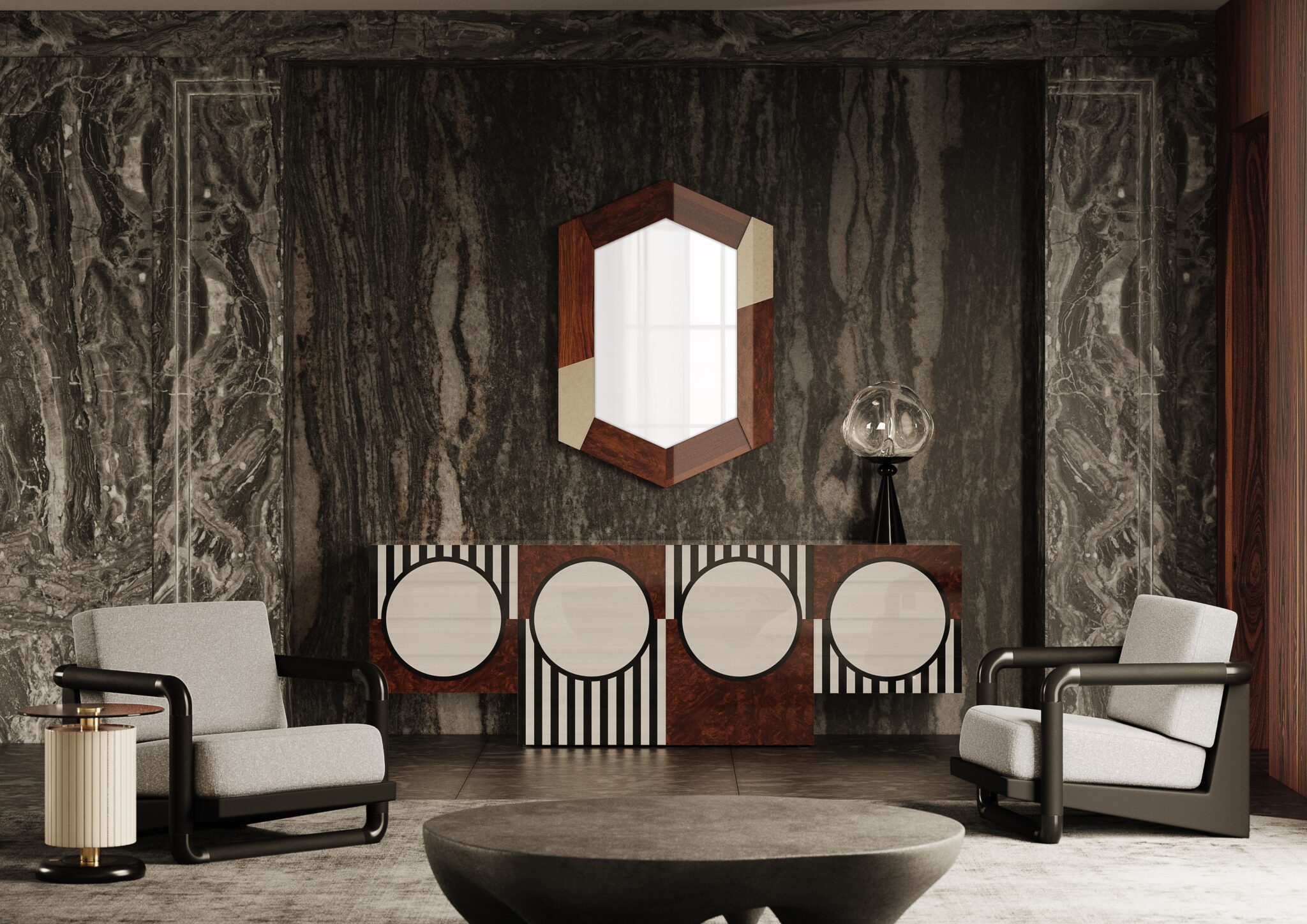 Transform Your Workspace: 6 Powerful Home Office Design Ideas for 2025, unique rug with design mirror, armchairs and center table