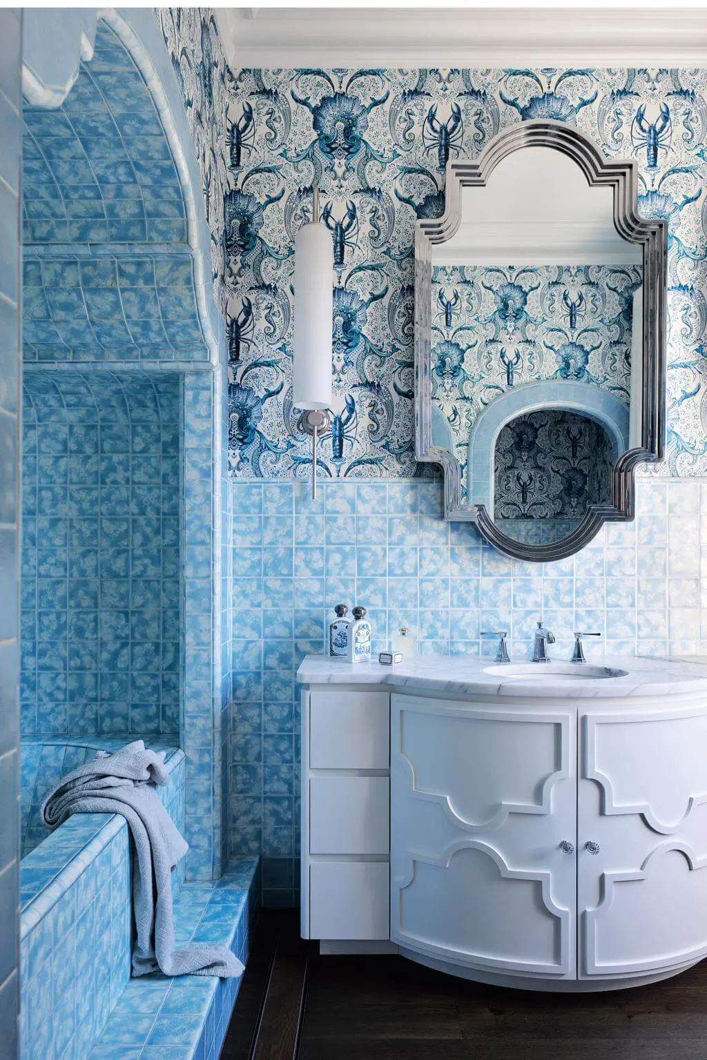 Moorish-style blue and white tiles in the bathroom