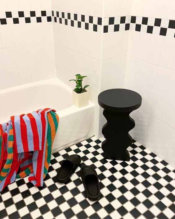 Funky stool in a bold bathroom