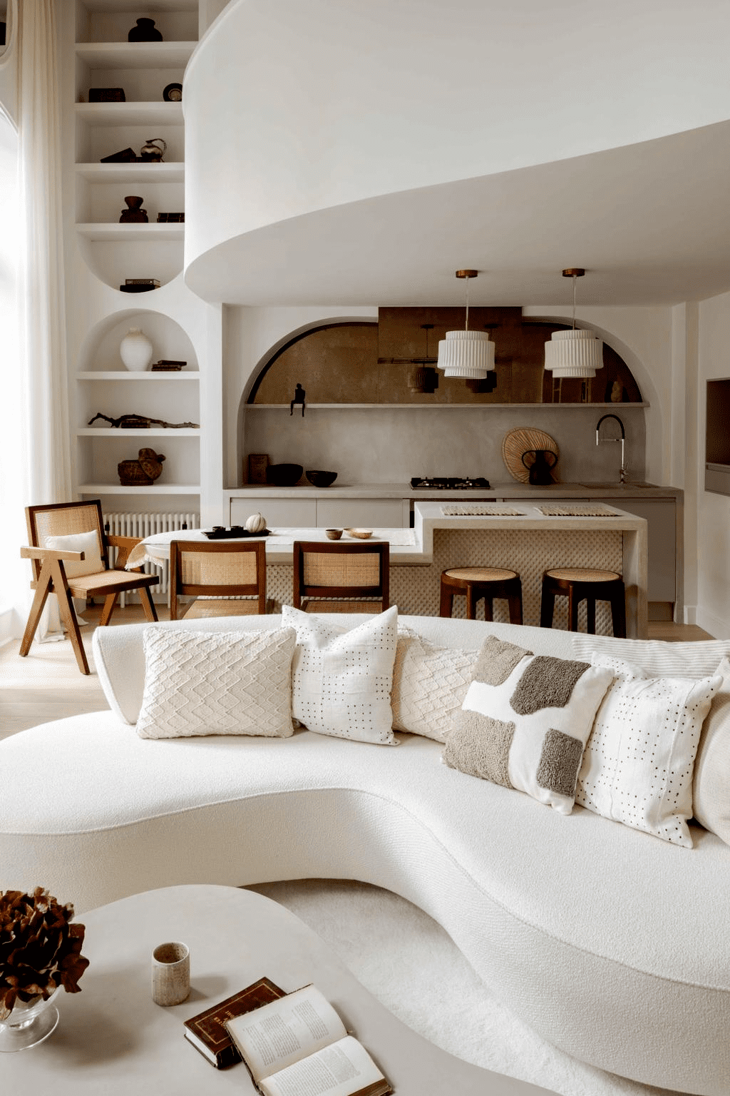 open plan living room with curved sofa and wood details