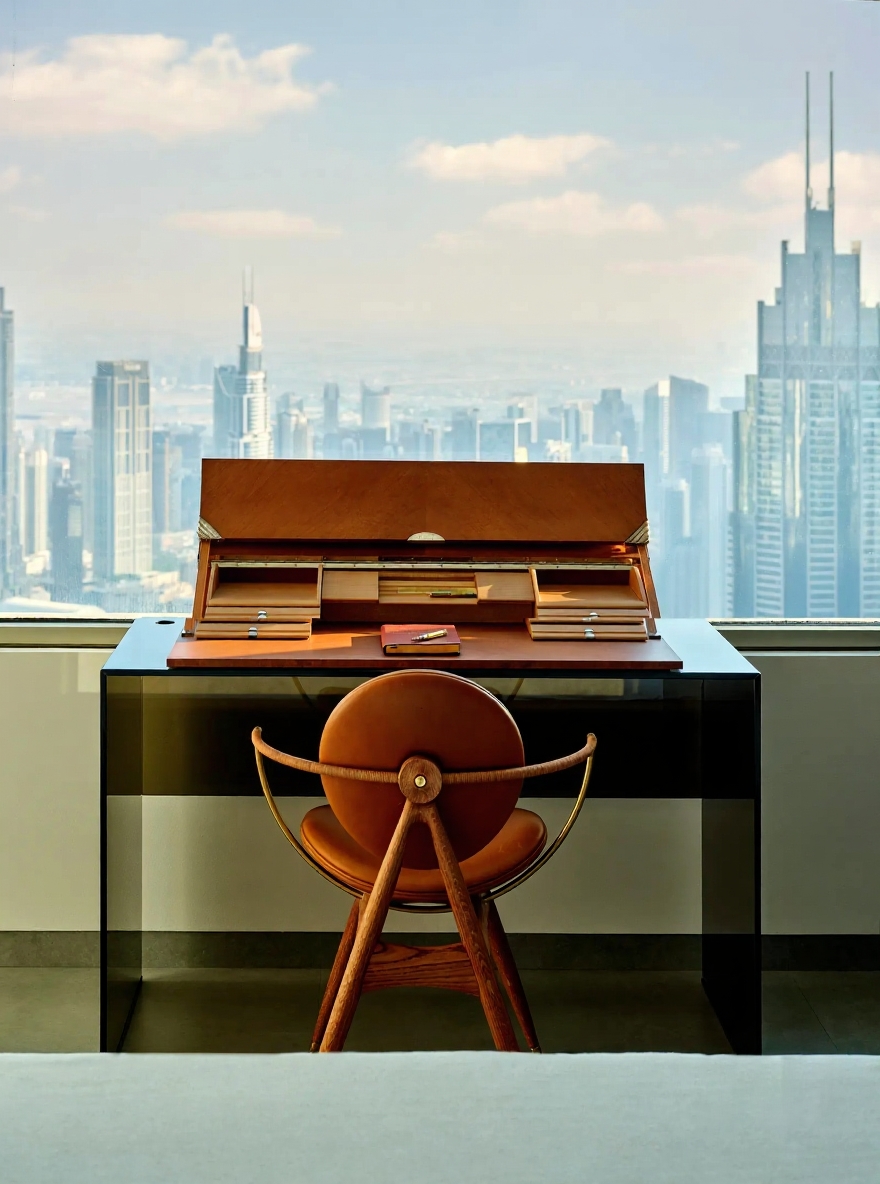The Art of Minimalist Luxury: Inside a Dubai Penthouse Inspired by Nature , office space with glass table and designer´s chair