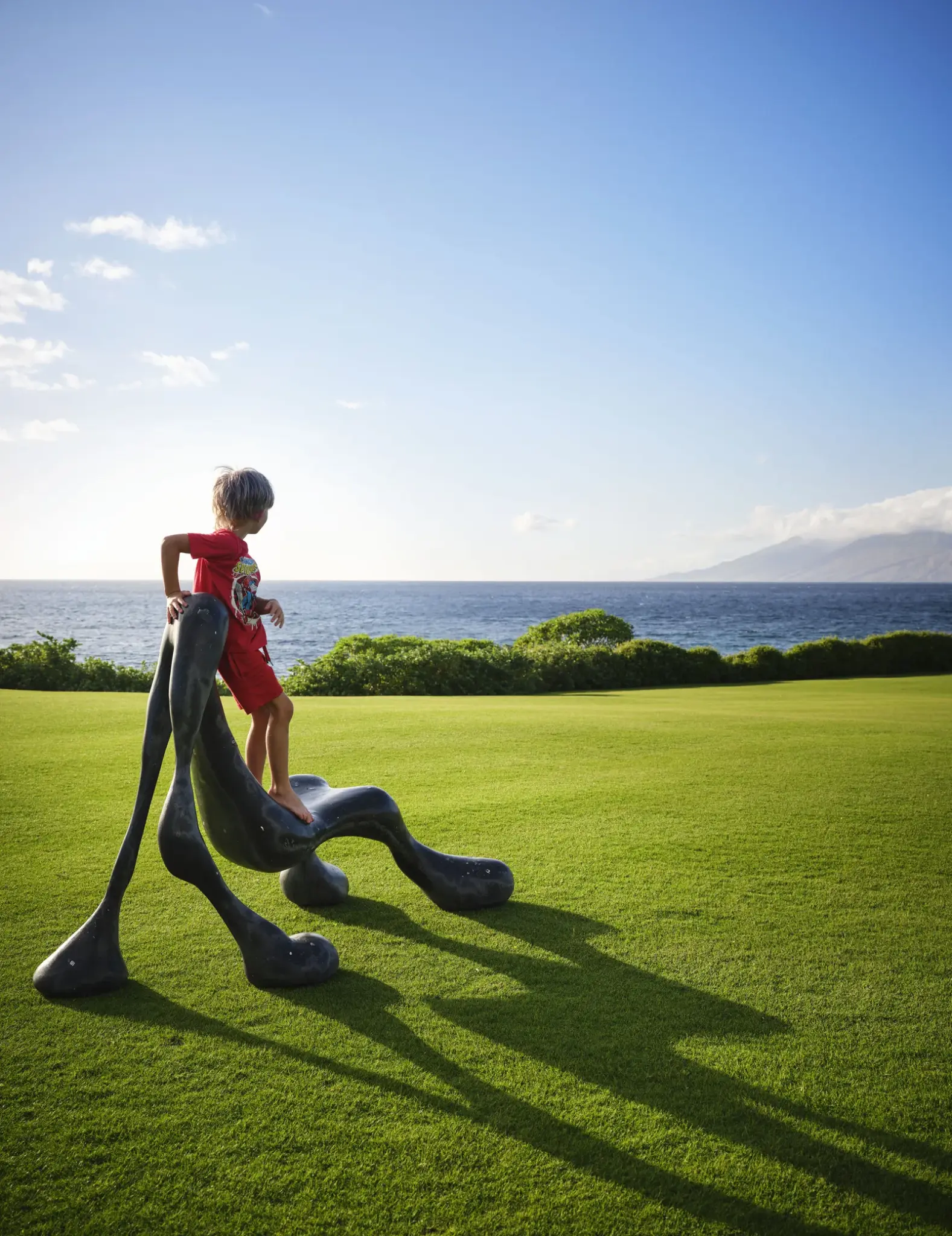 Child playing on a green lawn with ocean in the background, next to a large abstract sculpture. Bright sky and playful outdoor setting.

