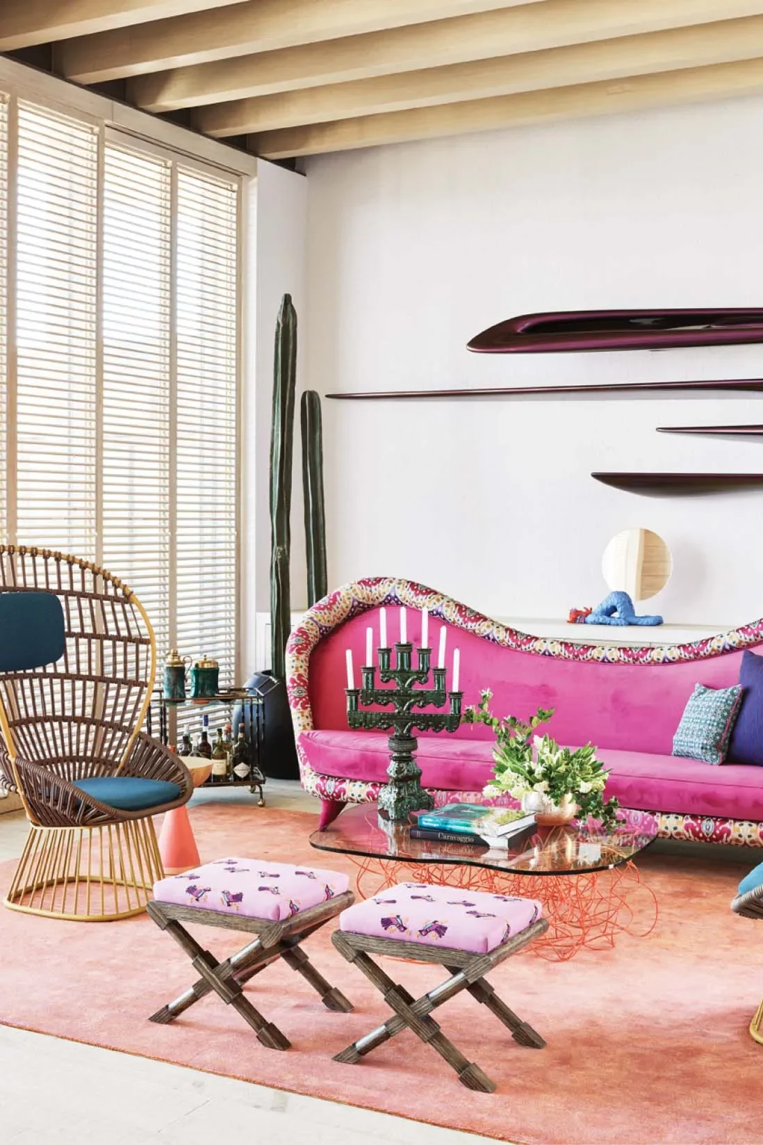 Living room with an eclectic mix of relaxed and colorful furniture
