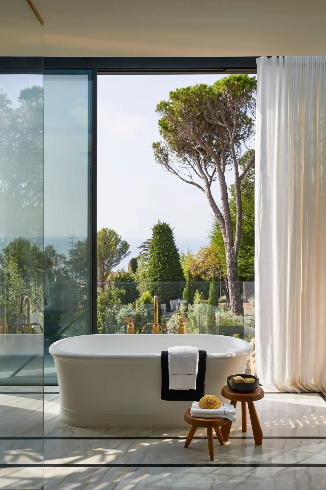 Bathroom with a glass sliding door to the outdoors