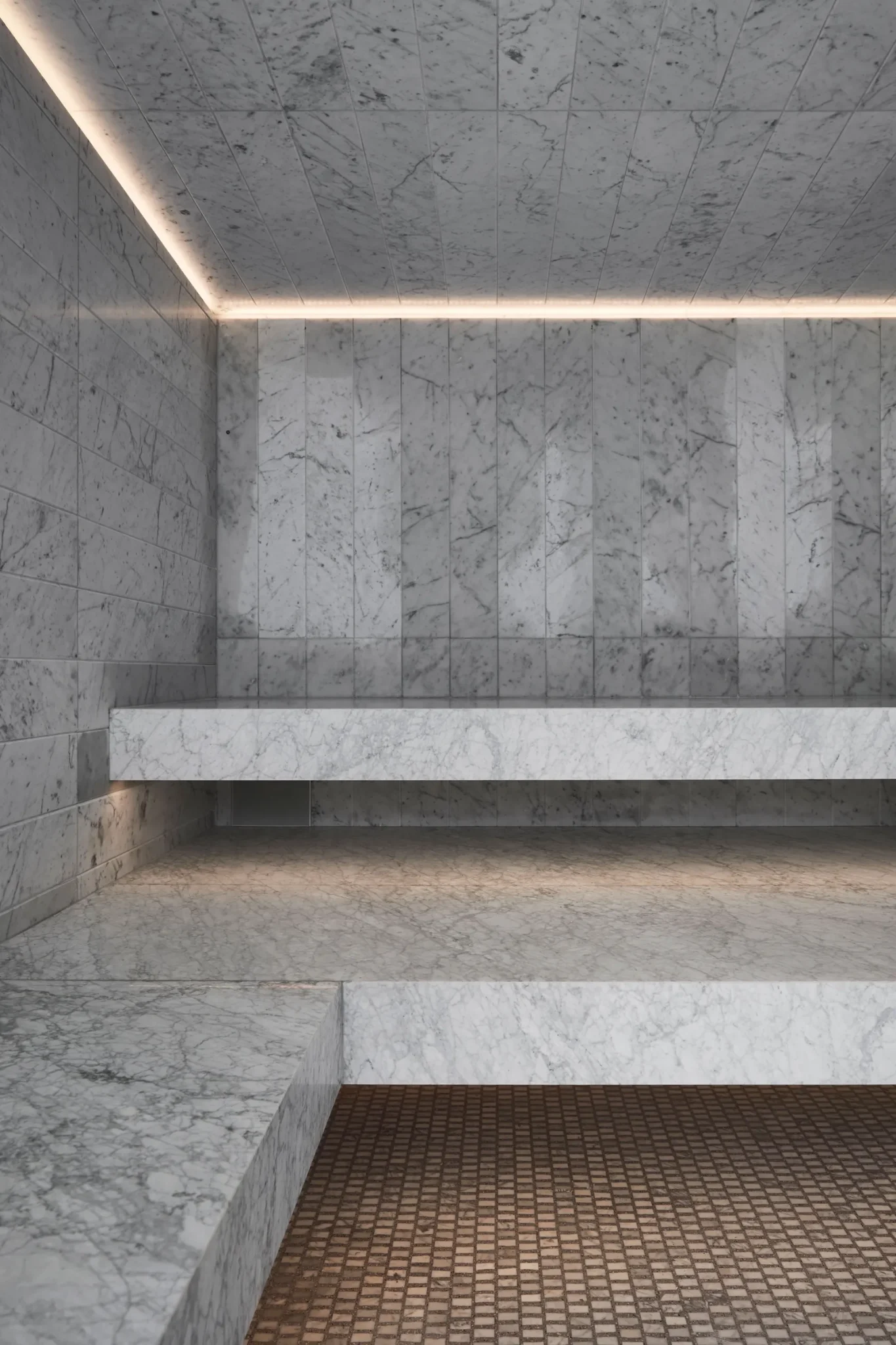 Carrara marble walls and Carrara terrazzo floors in the steam room.