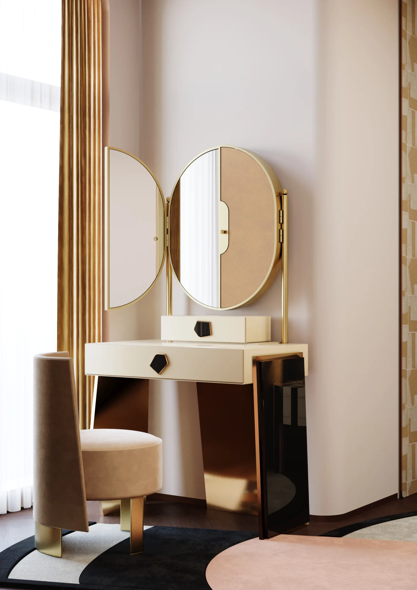 corner of a luxe bedroom in beige with dressing table