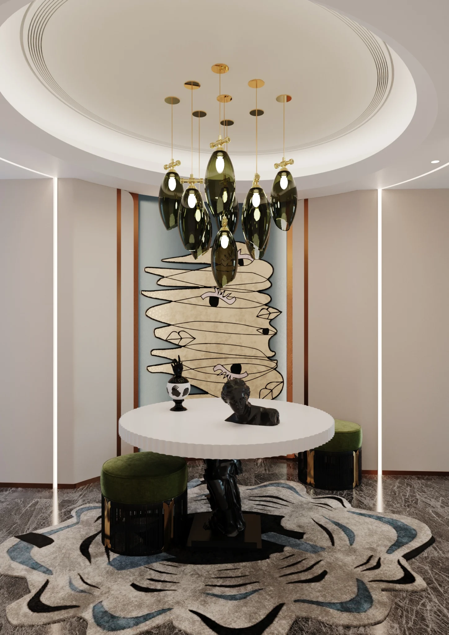 art deco entryway with round pedestal table and art deco suspension with green glassblowing lampshades