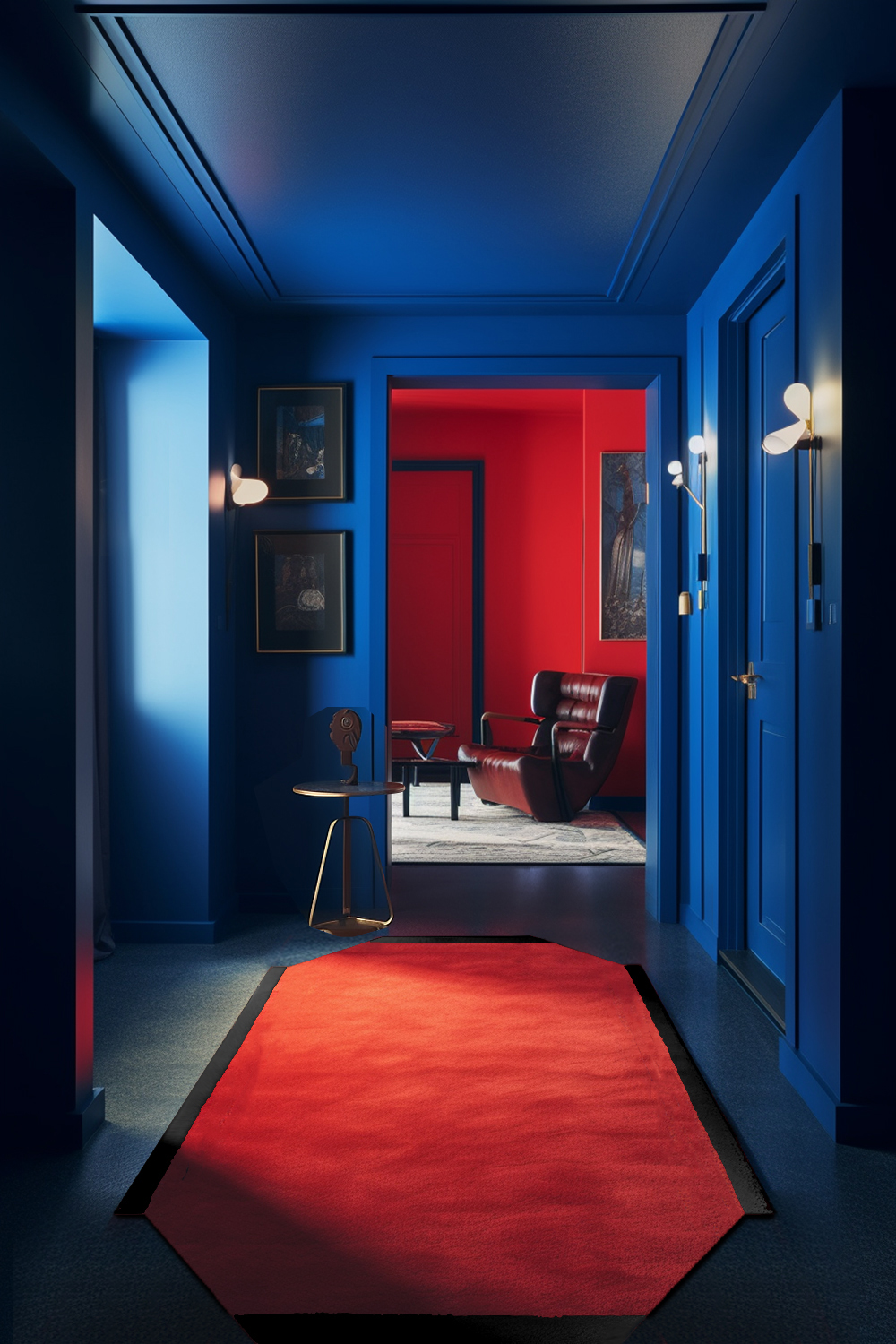 A modern entryway with red TAPIS rug and blue walls.