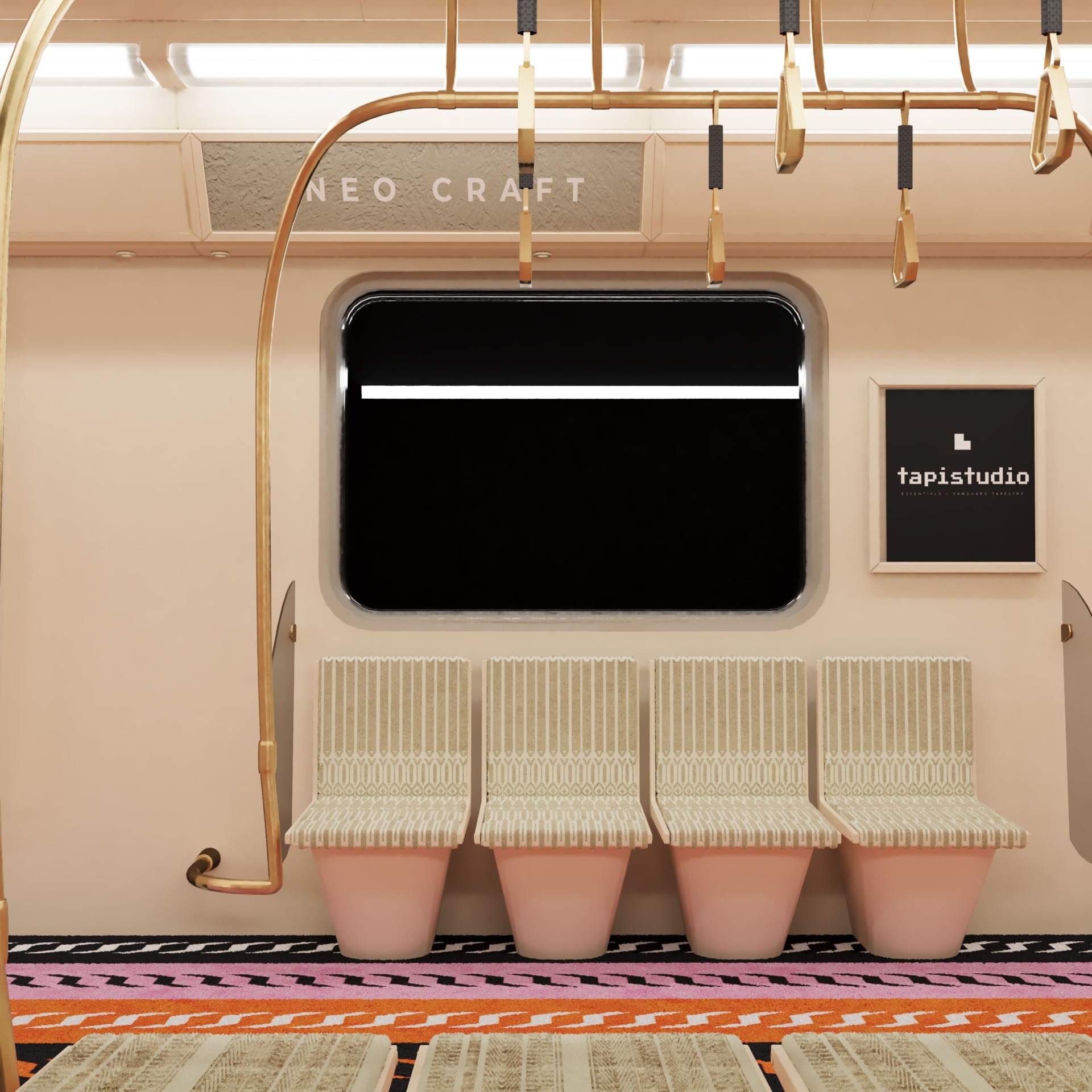 interior of a subway - highlighting four seating and a colorful carpet. 