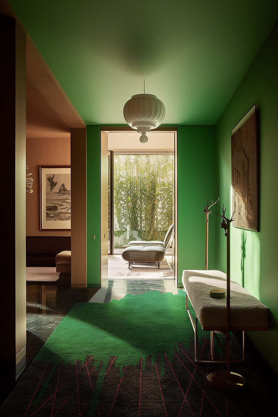 An entryway with strong green in the walls.