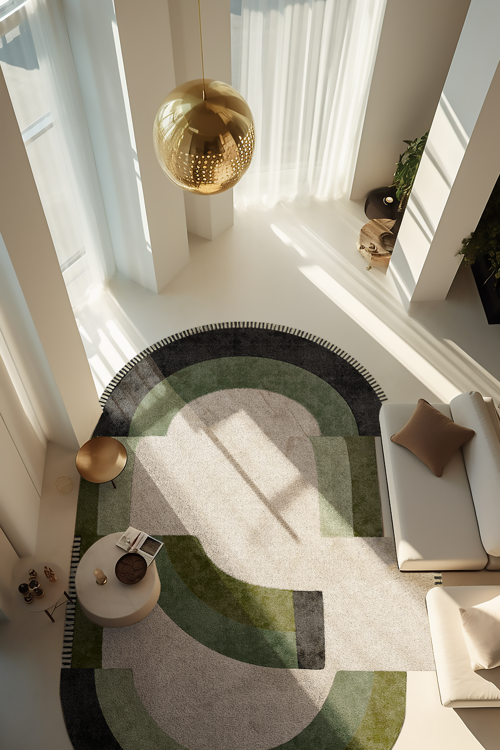 A minimalist space with green accents and TAPIS rug in the center.