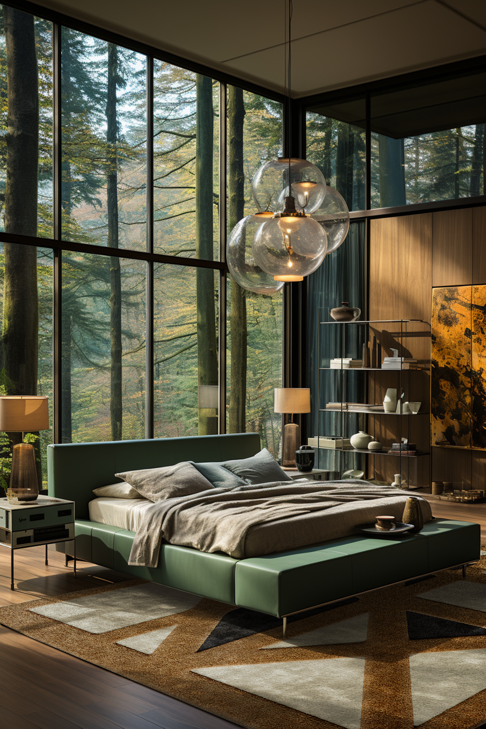 A modern bedroom with large glass windows and green bedroom.