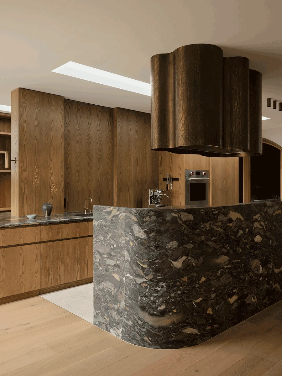 Modern kitchen with marble, covered in timber, plenty of natural light, Residential Architecture