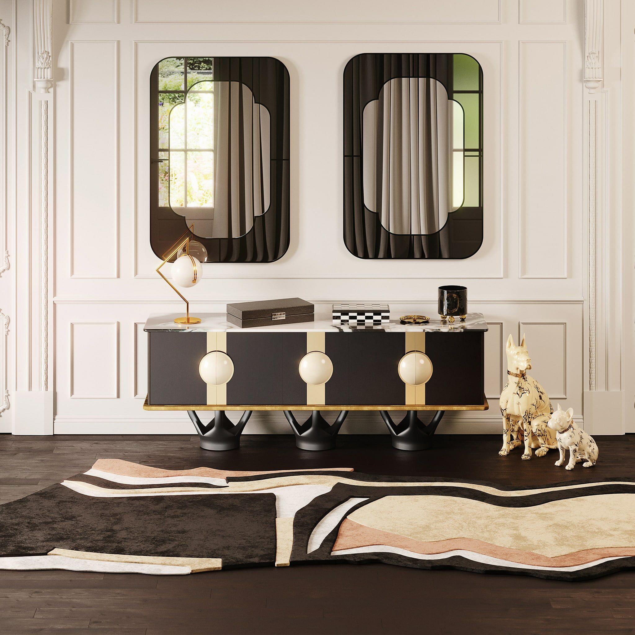 art deco entry way with two mirrored walls and a black sideboard showing what is art deco furniture
