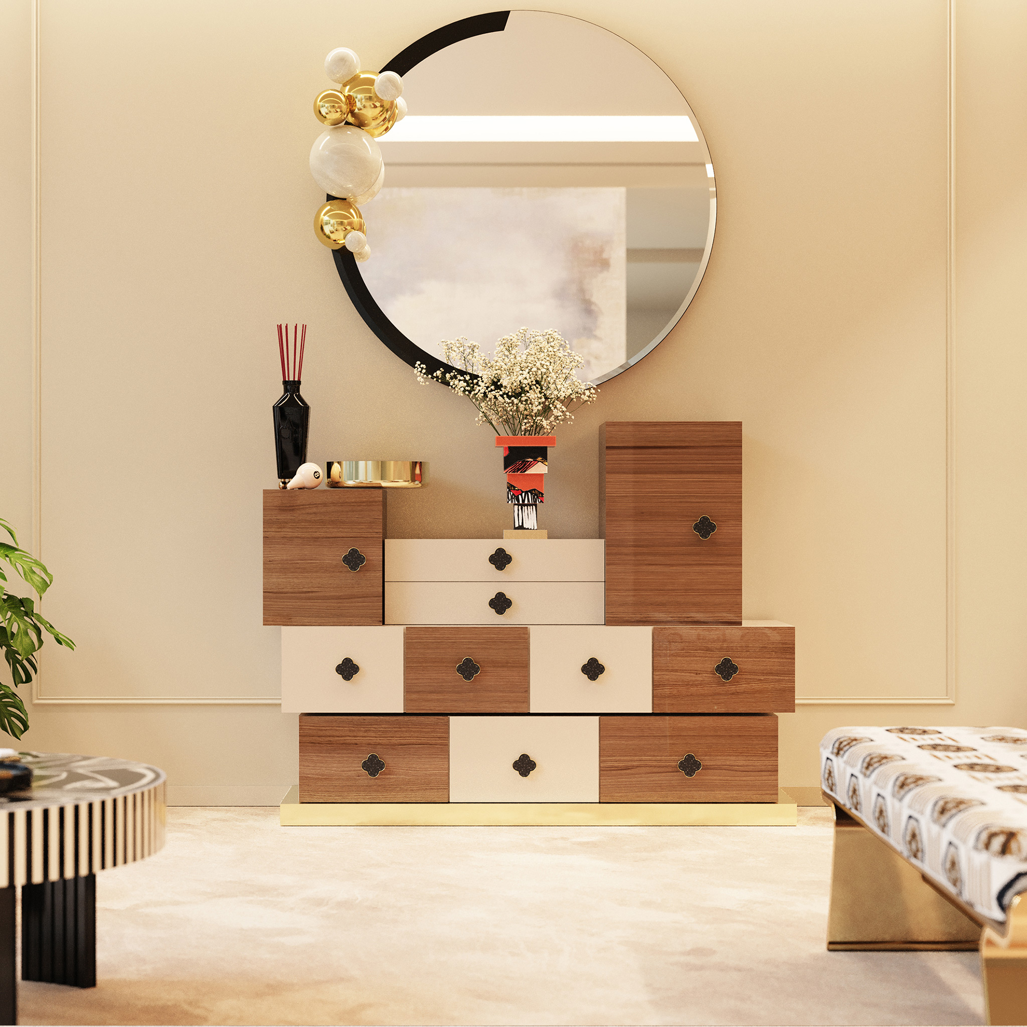 Titan decorative wall mirror with modern style furniture: malala chest of drawers by hommés studio
