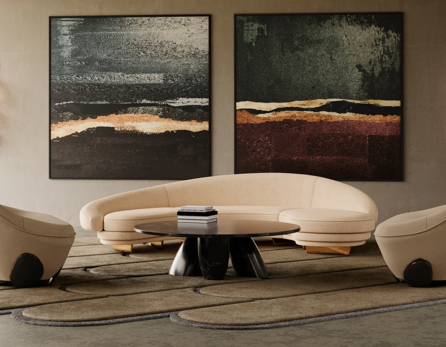 A modern and sophisticated living room setup featuring the nude-toned Giulia Sofa with soft curves and plush upholstery. The sofa is paired with the Coruna Center Table, styled with warm neutral colors and contemporary abstract wall art, creating an elegant and inviting atmosphere.