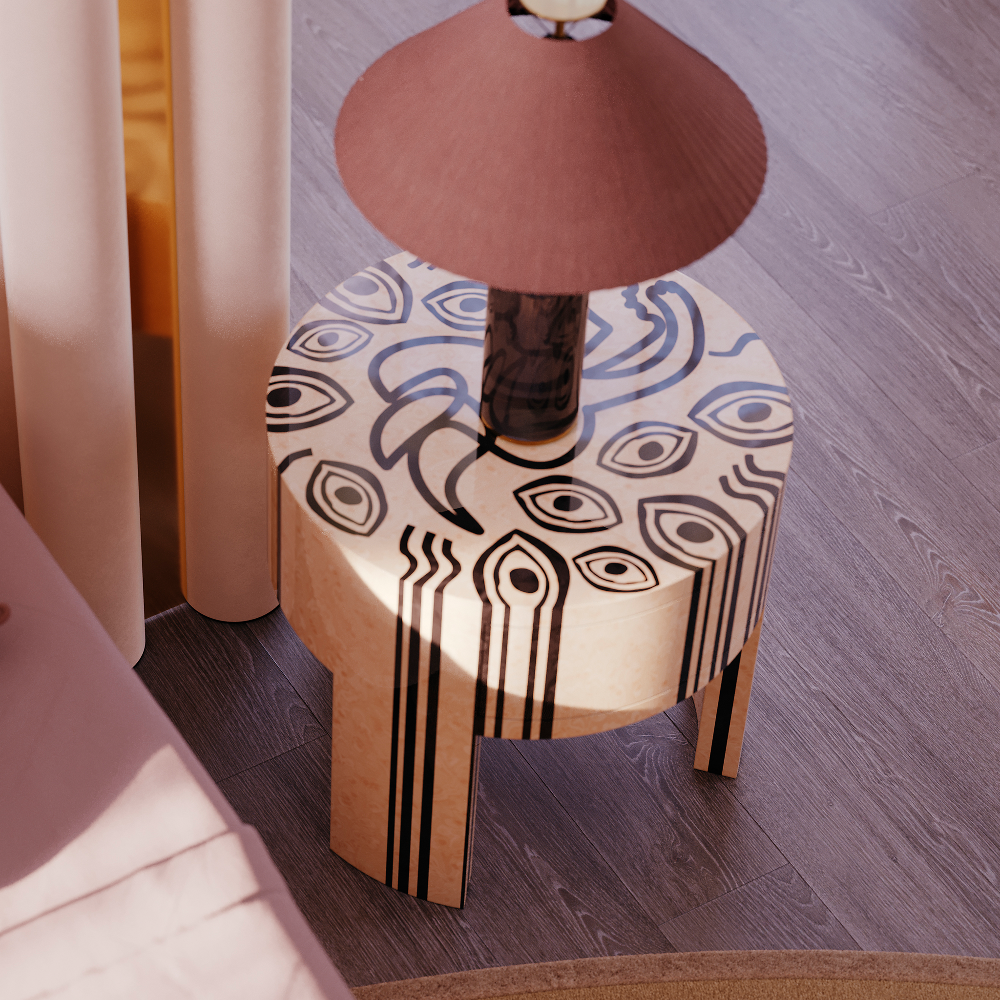 Granada Bedside Table with a lamp and a bed in earthy tones 