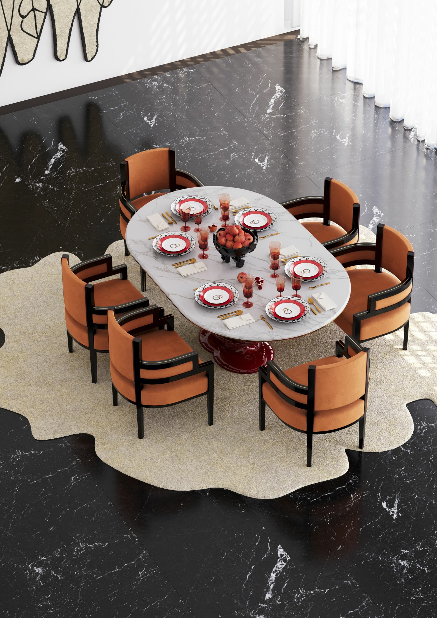 modern dining room, marble dining table and orange dining chairs