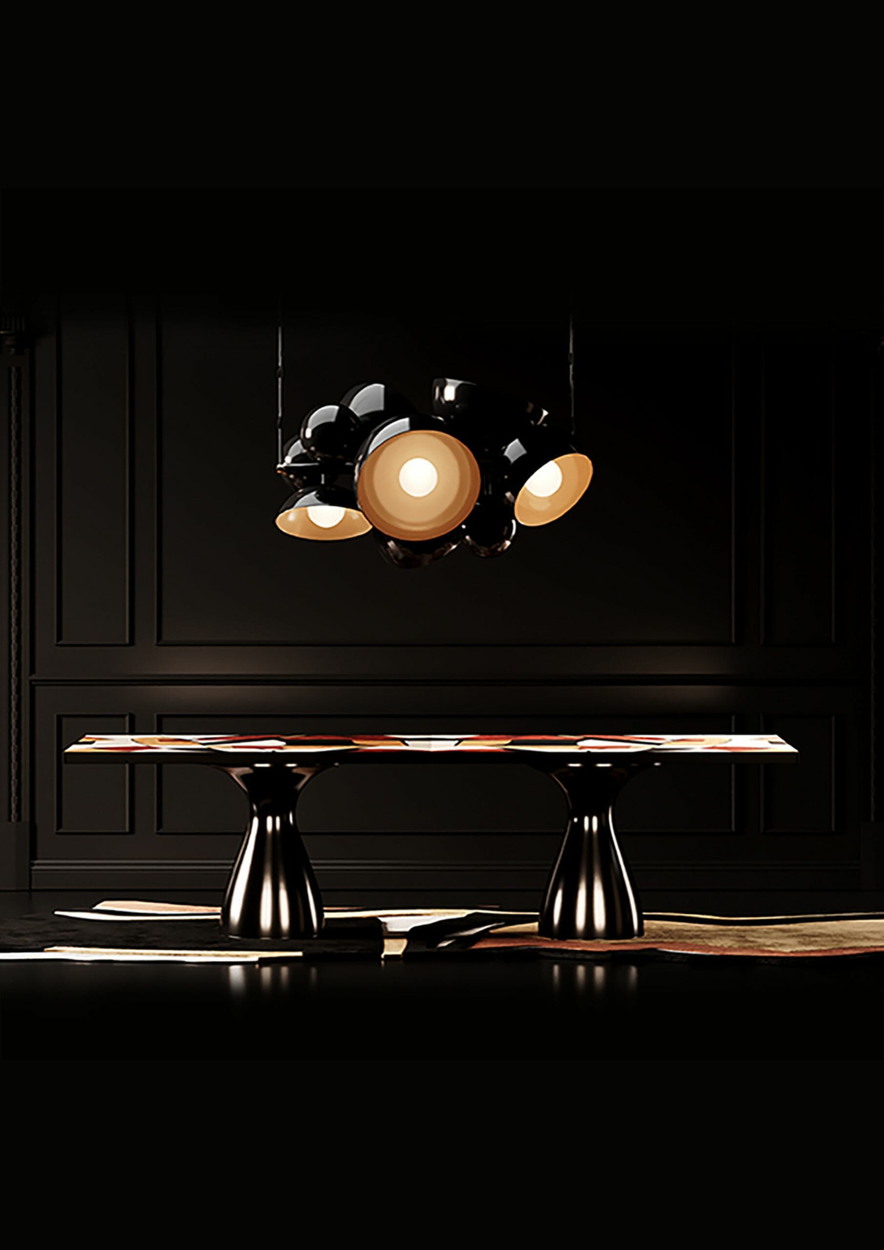 black dining room with a modern dining table and black chandelier