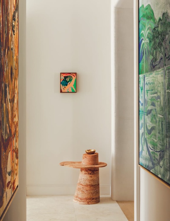 A pink travertine Cloud table in Emma Donnersberg Paris apartment, contemporary interior design