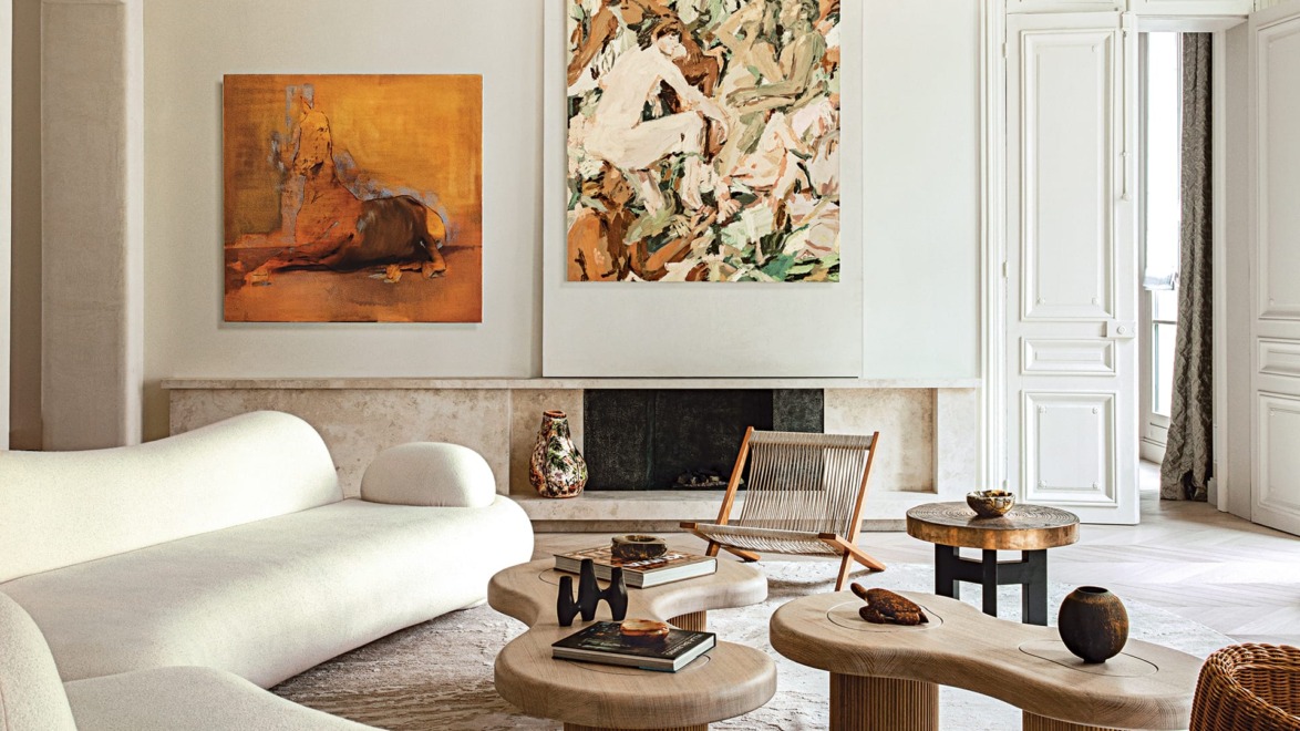Living room of Paris apartment of Emma Donnersberg. contemporary interior design—innovative furniture, harmonious spatial planning, and a serene and curated mood.