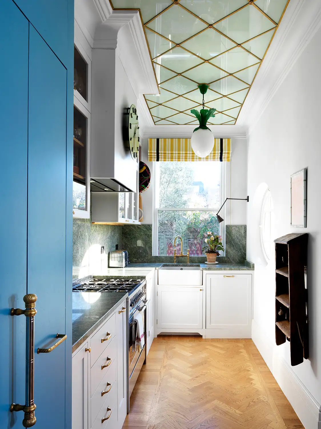 A kitchen with a beautiful blue marble counter