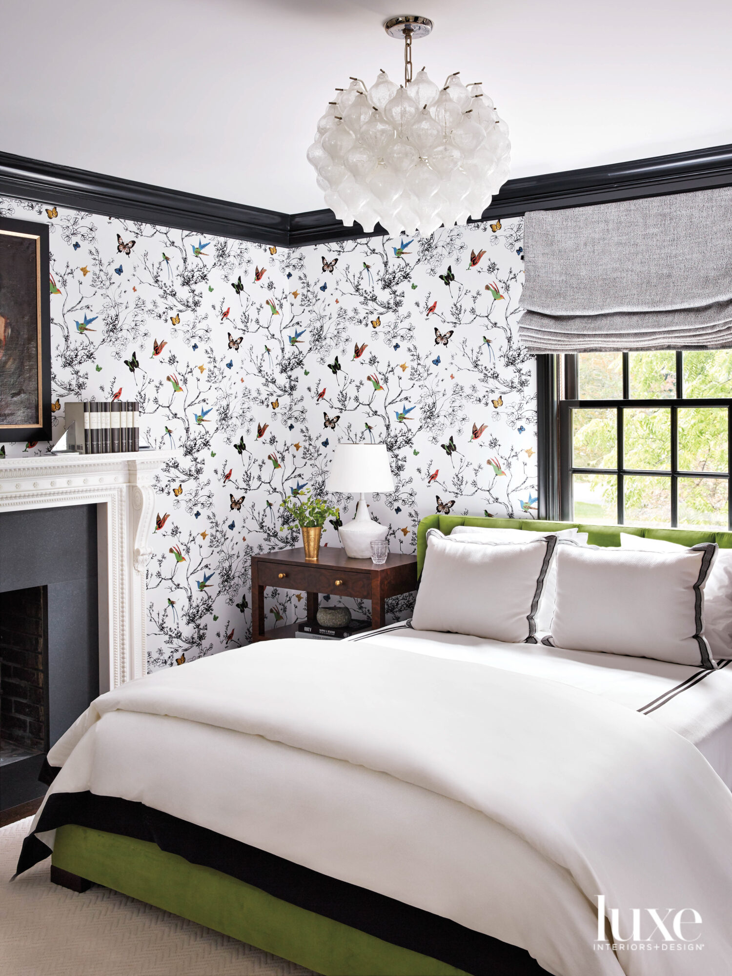 romantic bedroom with stunning wallpaper