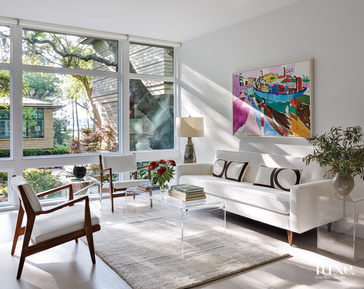 minimal living room with a stunning colorful paiting. 
designer: Beth Webb, Beth Webb Interiors



