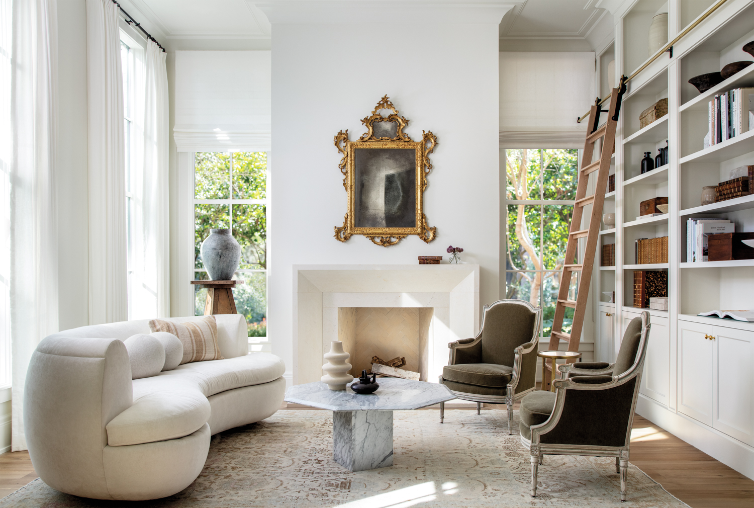 living room in neutral tones featuring vintage and modern furniture designed by Lauren Haskett, Lauren Haskett Design