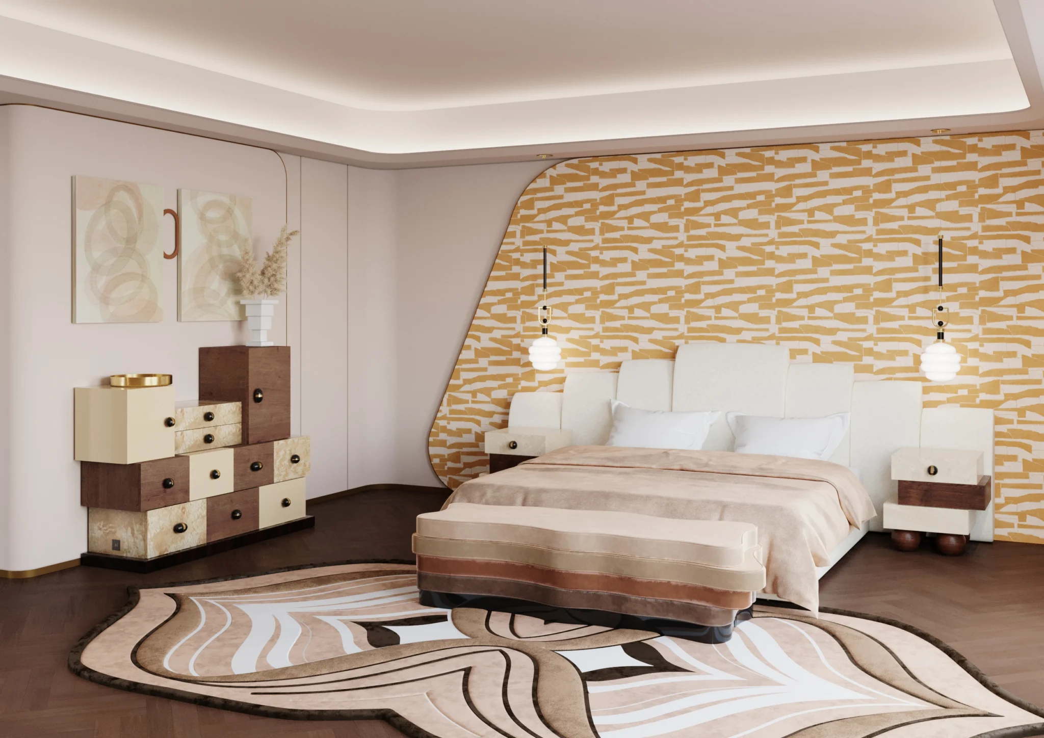 luxurious bedroom in beige, brown and peachy hues