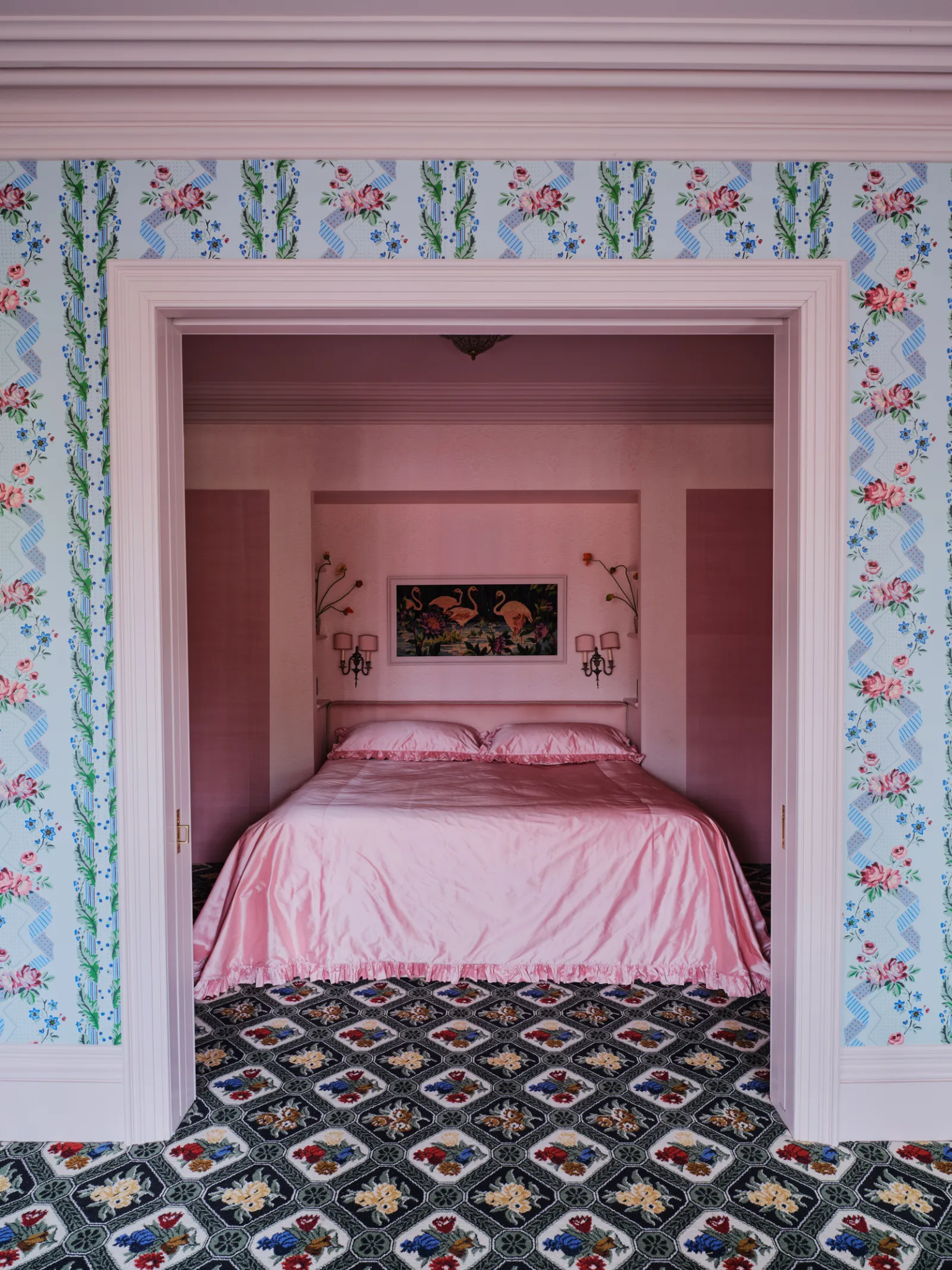maximalist home bedroom in pink tones