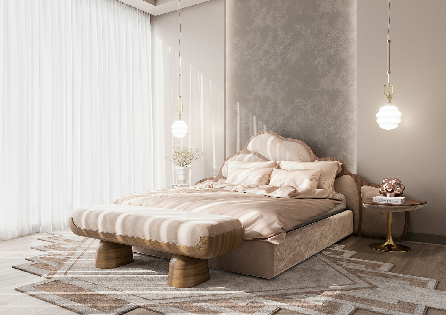 neutral shaded bedroom decor with a organic bed, pendant light and bench