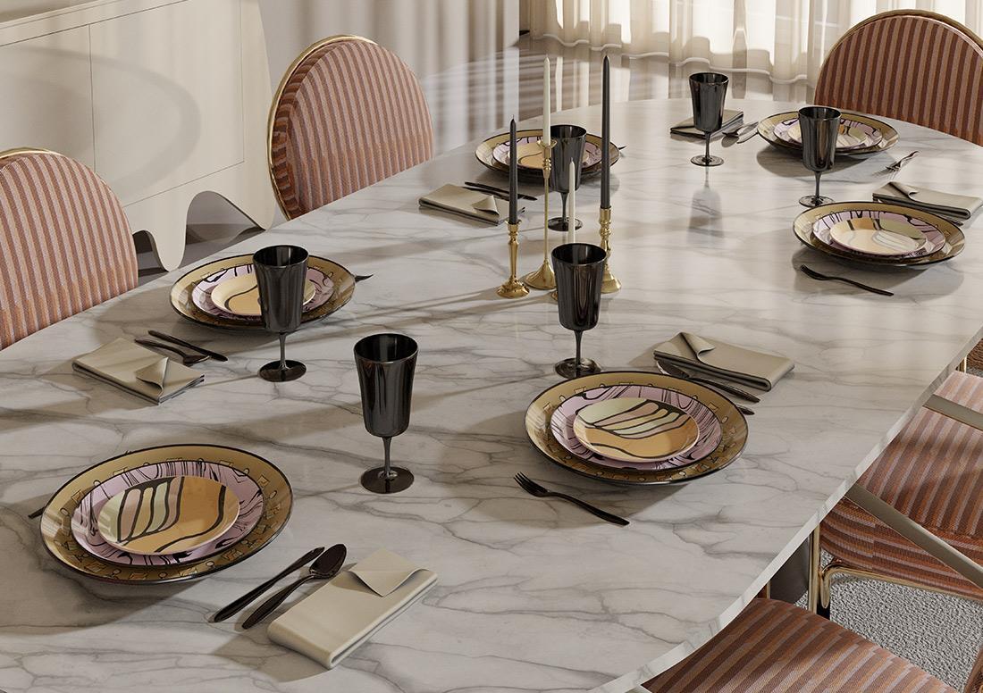 Exclusive glamor dining table, modern, with white marble, gold LV COLLECTION