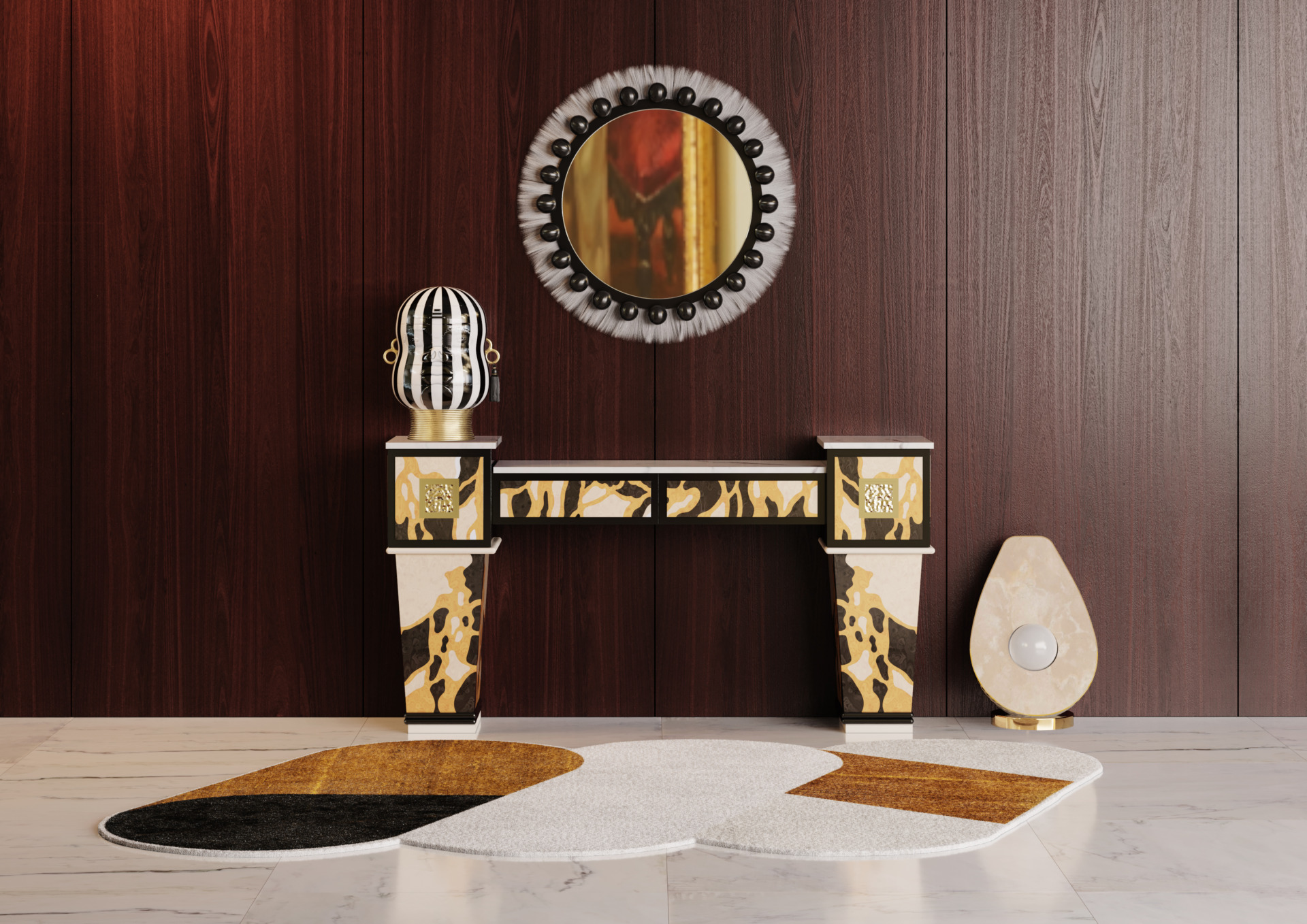 bohemian entryway with a wood background, a modern console table, a round wall mirror, and a shaped rug in brown, beige and white hues