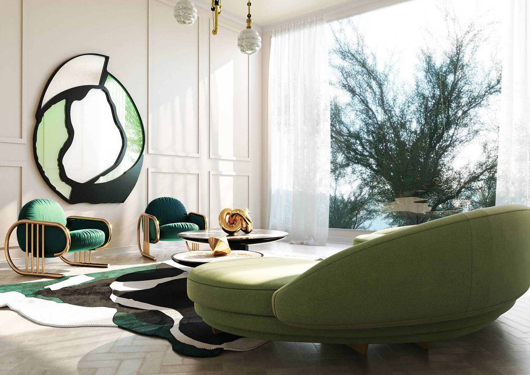Royal Green Living Room is a remarkable contemporary interior design, luxurious and mysterious, unexpected, but confident.