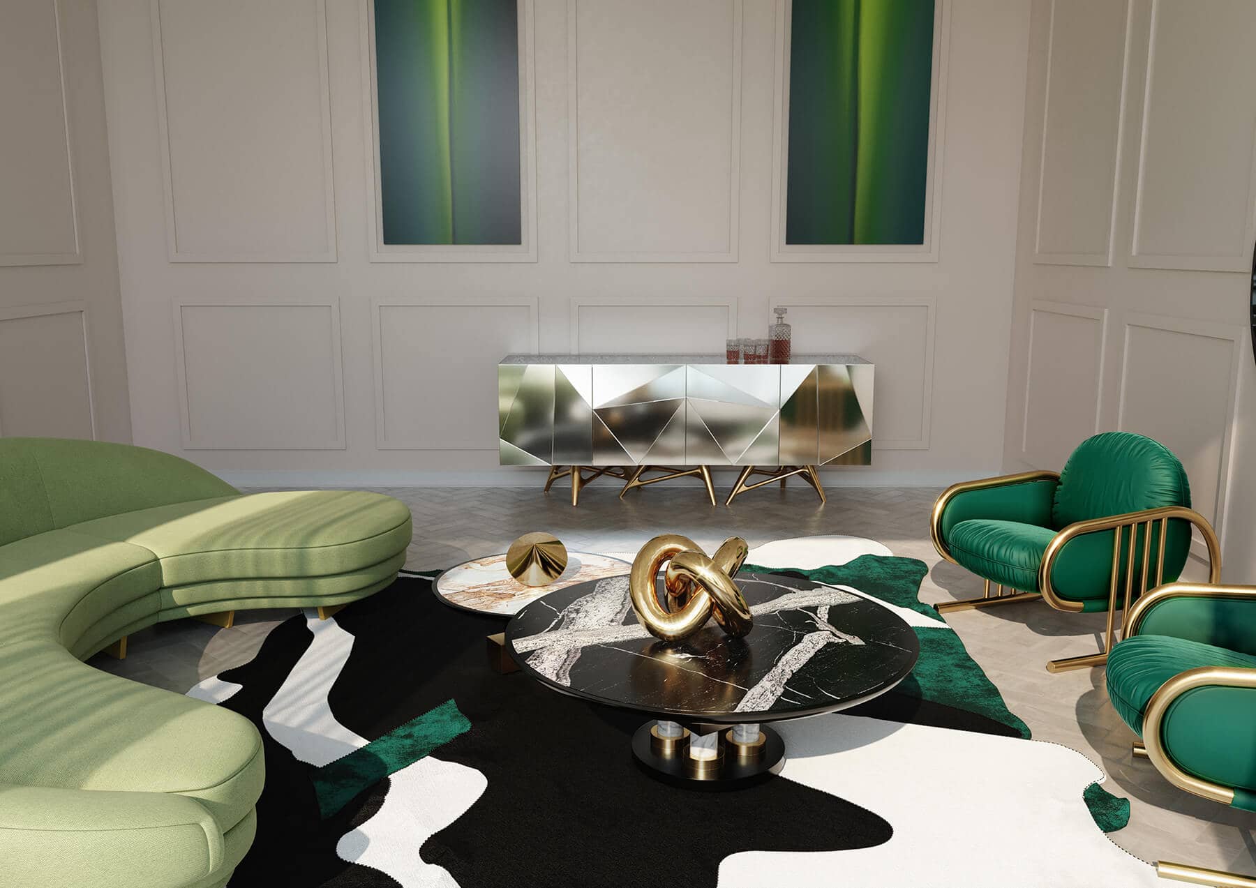 Royal Green Living Room is a remarkable contemporary interior design, luxurious and mysterious, unexpected, but confident.